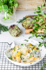 pumpkin gnocchi with mushroom and cream sauce