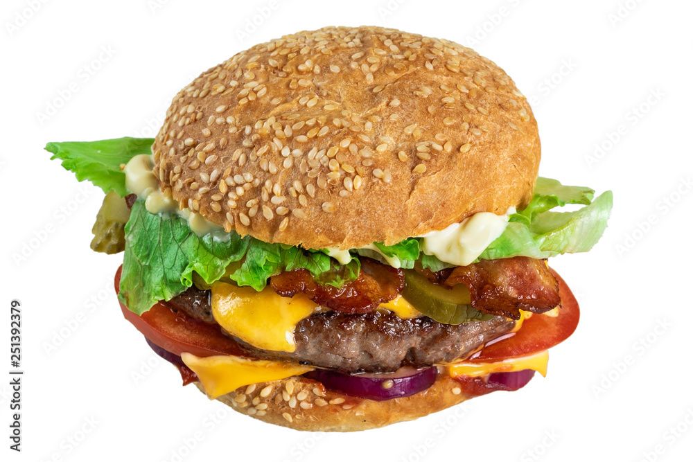 Wall mural big fresh tasty burger with beef meat isolated on white background