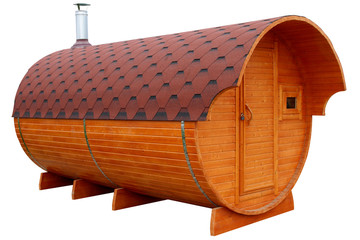 Mobile bath in the form of a wooden barrel.