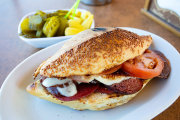 Traditional delicious Turkish foods; Izmir Cesme kumru sandwich