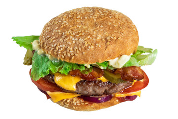 Big fresh tasty burger with beef meat isolated on white background
