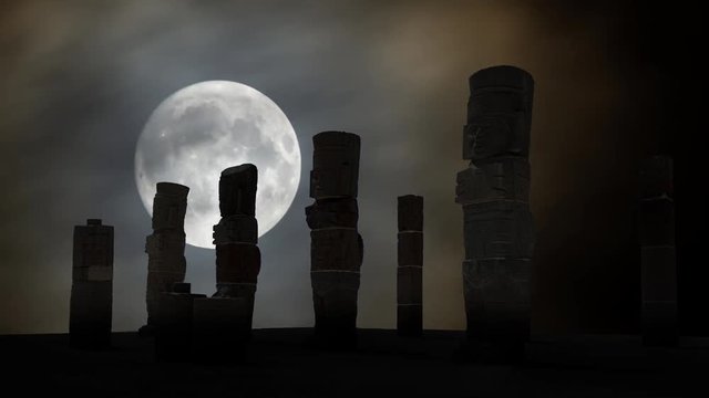 Atlantean Columns or Toltec Warriors on Pyramid of Quetzalcoatl by Night with Full Moon, Mexico