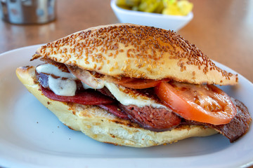 Traditional delicious Turkish foods; Izmir Cesme kumru sandwich