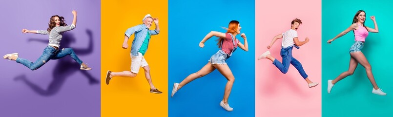 Full length body size view photo portrait collage of running sporty people in striped T-shirt overalls looking in front striving progress active life isolated on bright colorful different background - obrazy, fototapety, plakaty