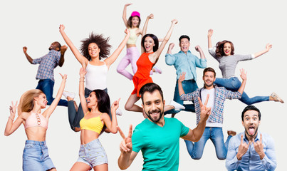 Full length body size portrait cool attractive cheerful she her ladies he him his guys flying air mixed together in one stylized illustration sport life placard idea concept isolated white background