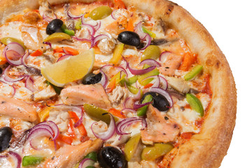 Italian pizza with seafood, close-up, on a white background