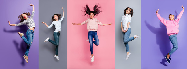 Full length body size view five different nice dreamy lovely attractive charming positive thin slim people having fun isolated over pastel pink violet purple grey background