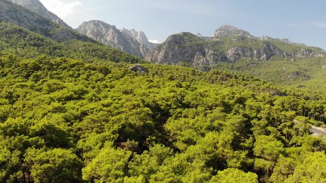 Aerial view of Mountains and Coast National Park in Turkey, Beldibi village