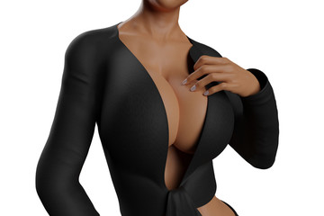 Naklejka premium Sensual big breasted woman in satain shirt with deep cleavage