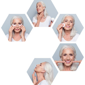 Collage close-up composition of five hexagonal nice attractive cheerful granny doing effective useful facial procedures therapy treatment isolated over gray blue background