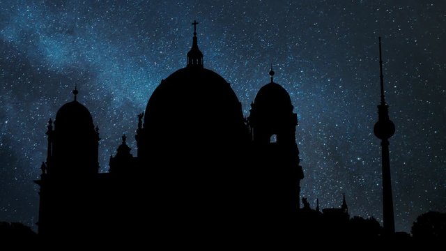 Berlin Cathedral (Berliner Dom) and TV Tower "Alex" in Background by Night with Stars, two of  Berlin's most famous landsmarks in the City, Germany