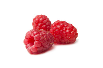 Isolated berries. Three raspberry fruits isolated on white