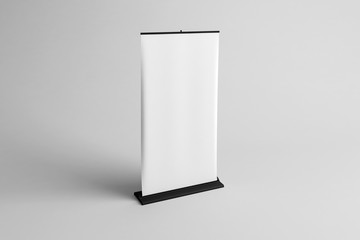 Realistic Blank Roll up Banner display on soft gray background.Template Mock-up .3D rendering.