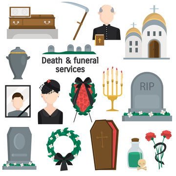 Death and funeral services color vector icons set. Flat design