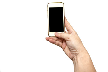 Woman hand holding smartphone on white background.