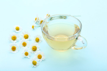 Obraz na płótnie Canvas Cup of tea with chamomile flowers on mint background