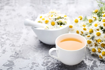 Cup of tea with chamomile flowers on grey background
