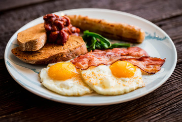 Typial breakfast with eggs, bacon and sausage on plate