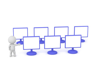 3D Character Showing Many Old Computer Monitors