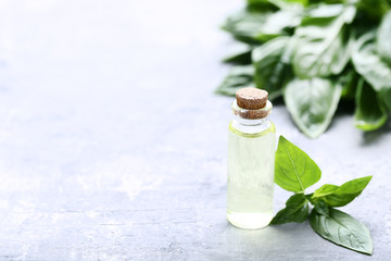 Bottle of essential oil with basil leafs on grey wooden table