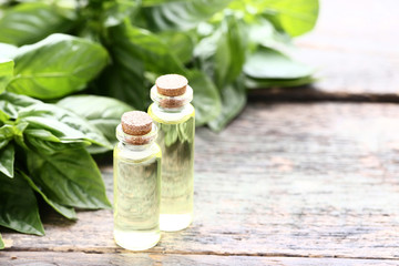 Bottles of essential oil with basil leafs on grey wooden table