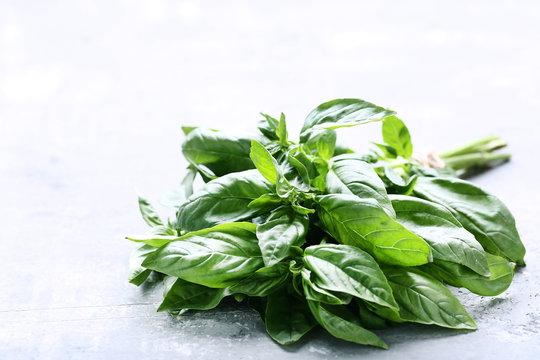 Green basil leafs on grey wooden table © 5second