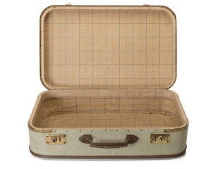 Opened shabby vintage suitcase isolated