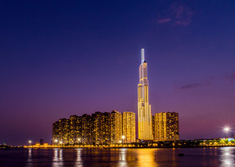 Landmark 81 is a super-tall skyscraper in Ho Chi Minh City, Vietnam at night. Landmark 81 is the tallest building in Vietnam and the 14th tallest building in the world