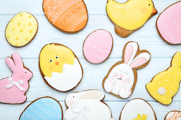 Easter gingerbread cookies on wooden table