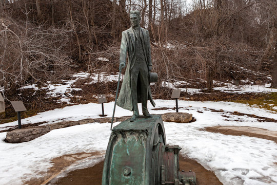 Niagara Falls CANADA - February 23, 2019: Nikola Tesla Sculpture in Queen Victoria Park in Niagara Falls, Canada. The monument was designed by sculptor Les Drysdale and opened in 2006.