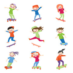 Skateboarding children characters isolated on white background