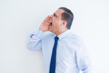 Middle age man shouting crazy with hands over mouth over white wall background