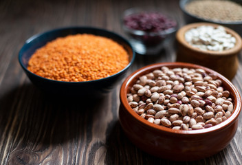 Assortment of legumes: beans and lentils. Raw healthy food. Vegetable protein. Dark background. Close up. Space for text