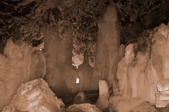 Cave with stalactites of Agia Sofia in Crete. Topolia Gorge cave, Greece