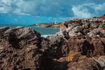 Picturesque view of rocky cliff at Cascais , Portugal