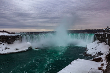 Niagara Falls CANADA - February 23, 2019: Winter frozen idyll at Horseshoe Falls, the Canadian side of Niagara Falls, view showing as well as the upper Niagara River
