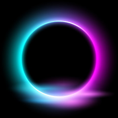 Neon circle with light effect on black background. Modern round frame with empty space for text for advertising, banner, card. Vector illustration.