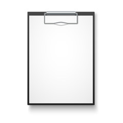 Black clipboard with blank white sheet. Vector illustration. Eps 10.