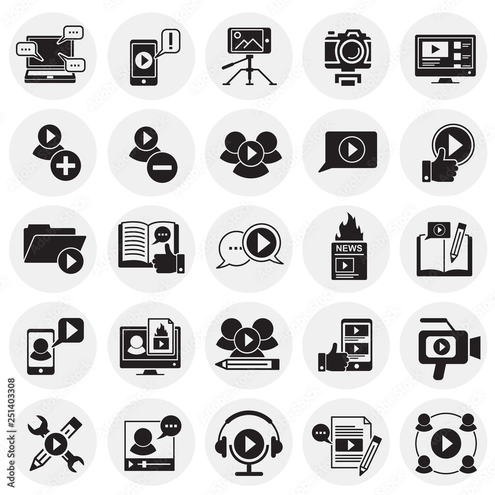 Poster video blog icons set on circles background for graphic and web design, modern simple vector sign. in
