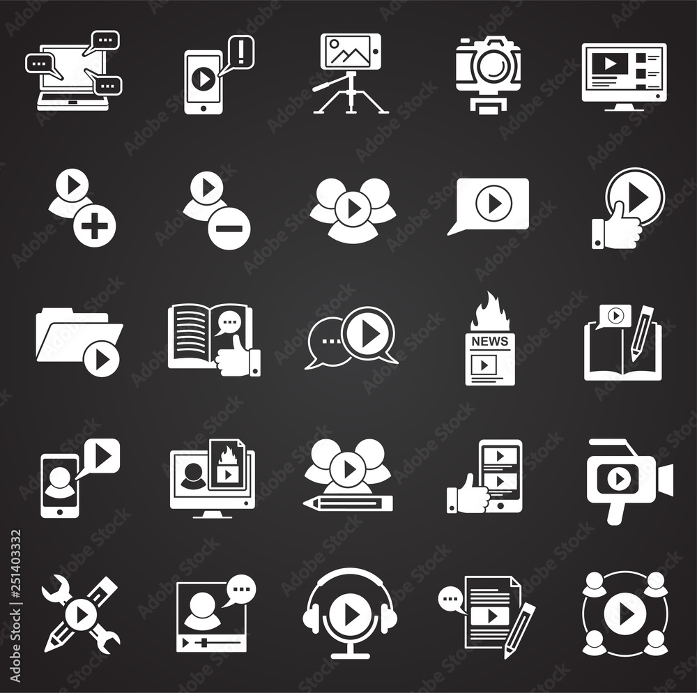 Poster video blog icons set on black background for graphic and web design, modern simple vector sign. inte