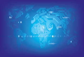 Global Technologies. World map in the form of a printed circuit board. Illustration, vector. EPS-10.