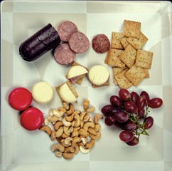 Overhead view of finger foods on a platter