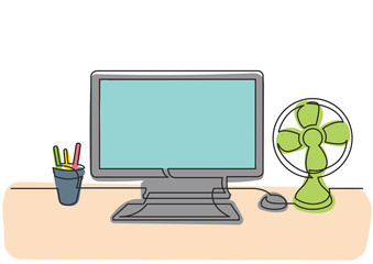 continuous line drawing of work desk with computer and cooling fan