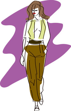 fashion model walking, green top, brown pants clip art preview