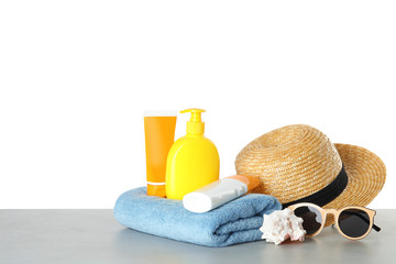 Composition with sun protection products on white background. Body care