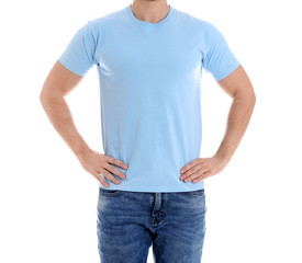 Obraz premium Young man on white background, closeup. Weight loss