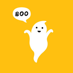 Happy flying Ghost with white speech bubble Boo. Smiling face, hands. Flat design.