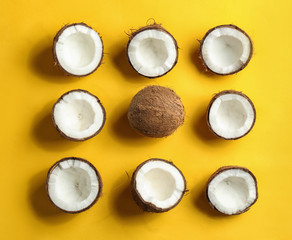 Coconut pattern on color background, flat lay