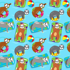 Naklejka premium Seamless Vector Background with Sloths Floating in a Pool