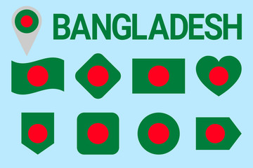 Bangladesh flag vector set. Geometric shapes. Flat style. Bengali natioanl symbols collection. sports, national, travel, geographic, patriotic, design elements. isolated icons with state name.